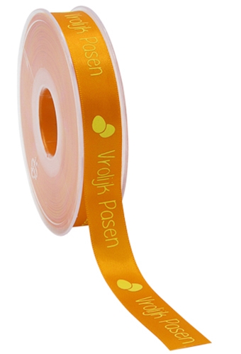 Kadolint Pasen Satijn Oranje Vrolijk Pasen Eitjes Geel 15mm x 25meter