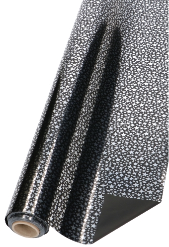 Cadeaufolie Zwart & Metallic Silver Stars Rain 70x50meter