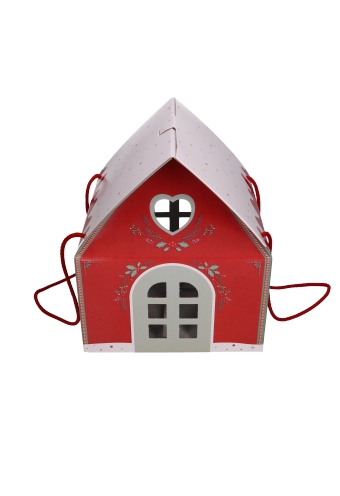 Geschenkdoos Huisje Kerst Rood & Koord 24.5x24.5x15cm 20stuks