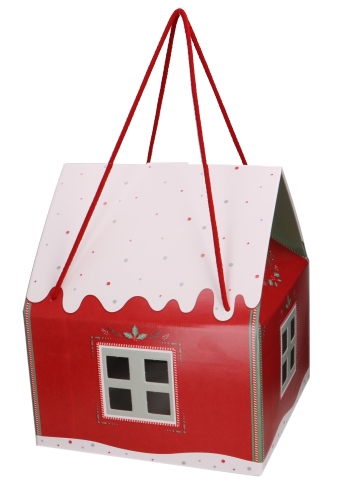 Geschenkdoos Huisje Kerst Rood & Koord 24.5x24.5x15cm 20stuks