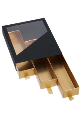 Bonbondoos 3 Ladeboxje Zwart Mat Goud Mat Laag FSC® 16x12.9x2.8cm 10st