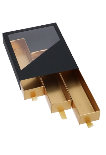 Bonbondoos 3 Ladeboxje Zwart Mat Goud Mat Laag FSC® 16x12.9x2.8cm 10st