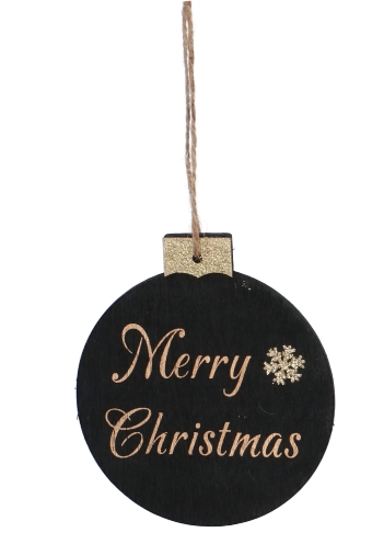 Decoratie Hanger Houten Kerstbal Merry Christmas Black 9cm 1stuks