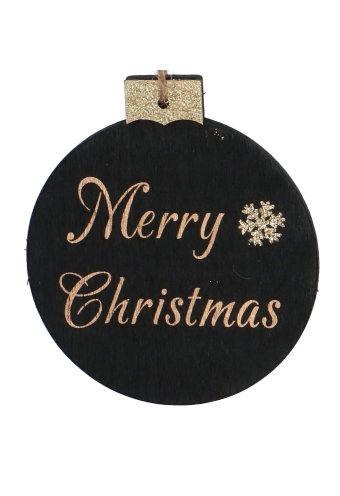 Decoratie Hanger Houten Kerstbal Merry Christmas Black 9cm 1stuks