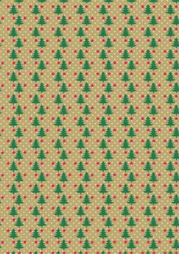 Kerstpapier Bruin Kraft Trees With Groen Rood Wit 30cm x 250meter