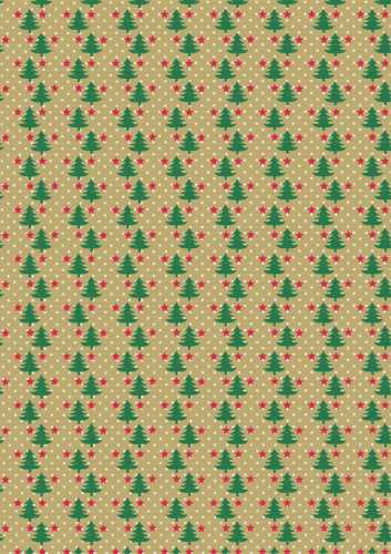 Kerstpapier Bruin Kraft Trees With Groen Rood Wit 30cm x 250meter