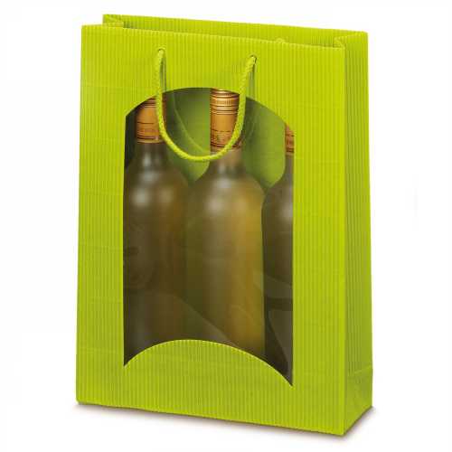 Wijntasje Met Venster 3 fles Geribbeld Lime Groen 25x8.5x36cm 20stuks