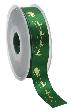 Kerstlint Satijn Lint Kerstman In Slee Groen Goud 23mm x 25 meter