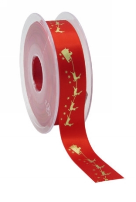 Kerstlint Satijn Lint Kerstman In Slee Rood & Goud 23mm x 25 meter