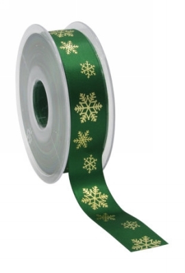 Kerstlint Satijn Lint snowflakes Groen & Goud 23mm x 25meter