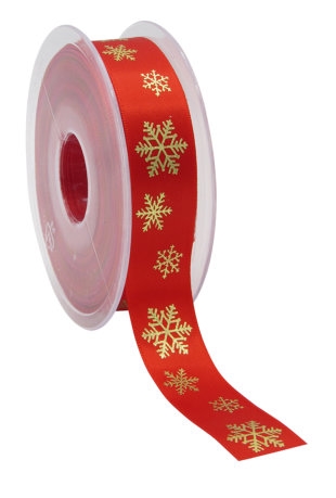 Kerstlint Satijn Lint snowflakes Rood & Goud 23mm x 25meter