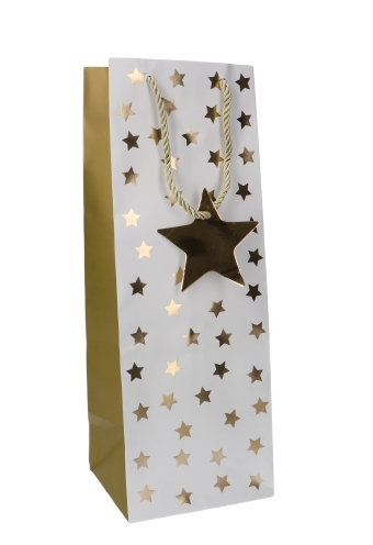 Kerst Luxe Wijntasjes 1Fles Metallic Gouden Sterren 13x12x36cm 10stuks