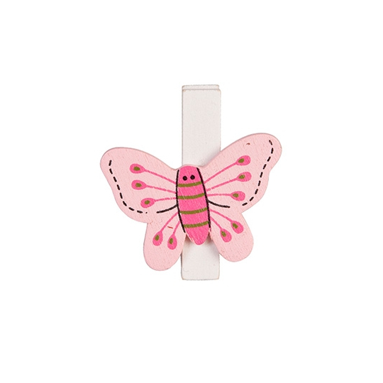 Houten Decoratie Vlinder Fuchsia En Wit Met Knijper 3cm 8stuks